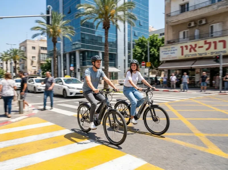 רוכבים על אופניים חשמליים בצומת עירוני